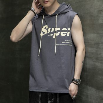 Men's Summer Korean Style T-Shirt with Letter Print, Wide Shoulder, No Collar, No Sleeve, Cotton Fabric, Suitable for Young People